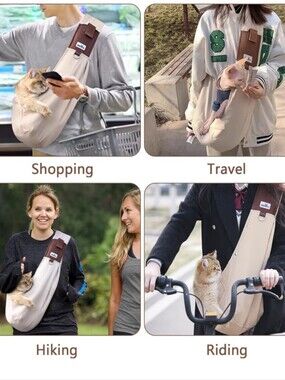 MAKYTU Beige Pet Sling Carrier with Brown Strap Small Dogs and Cats